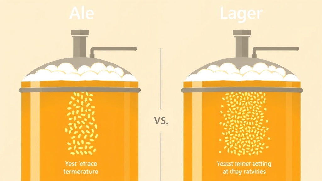맥주 양조 과정에서 발효 탱크의 모습과 에일 및 라거의 효모 활동 차이를 시각화한 이미지