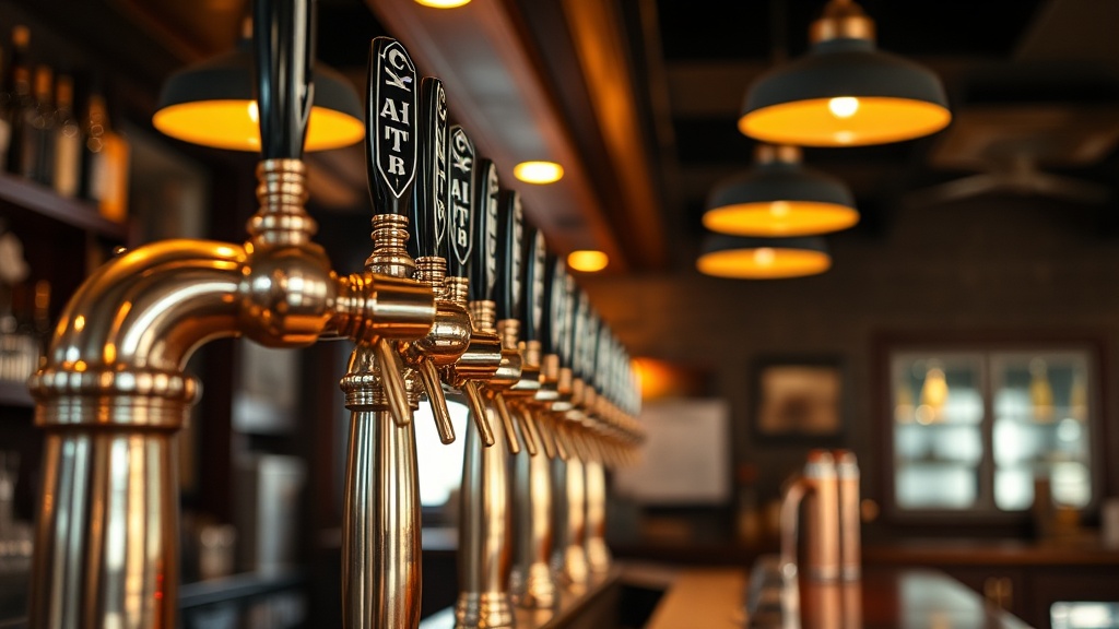 은은한 조명이 켜진 펍 바 테이블 위에 다양한 종류의 수제 맥주 탭이 늘어서 있는 배경 모습