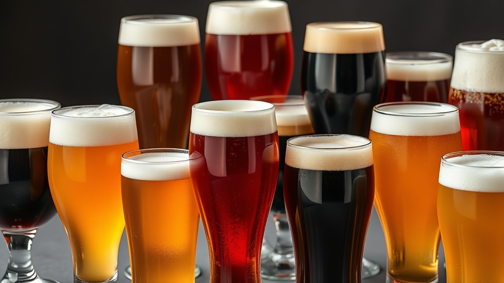다양한 색상과 거품의 형태를 가진 여러 종류의 에일 맥주가 잔에 담겨 있는 모습