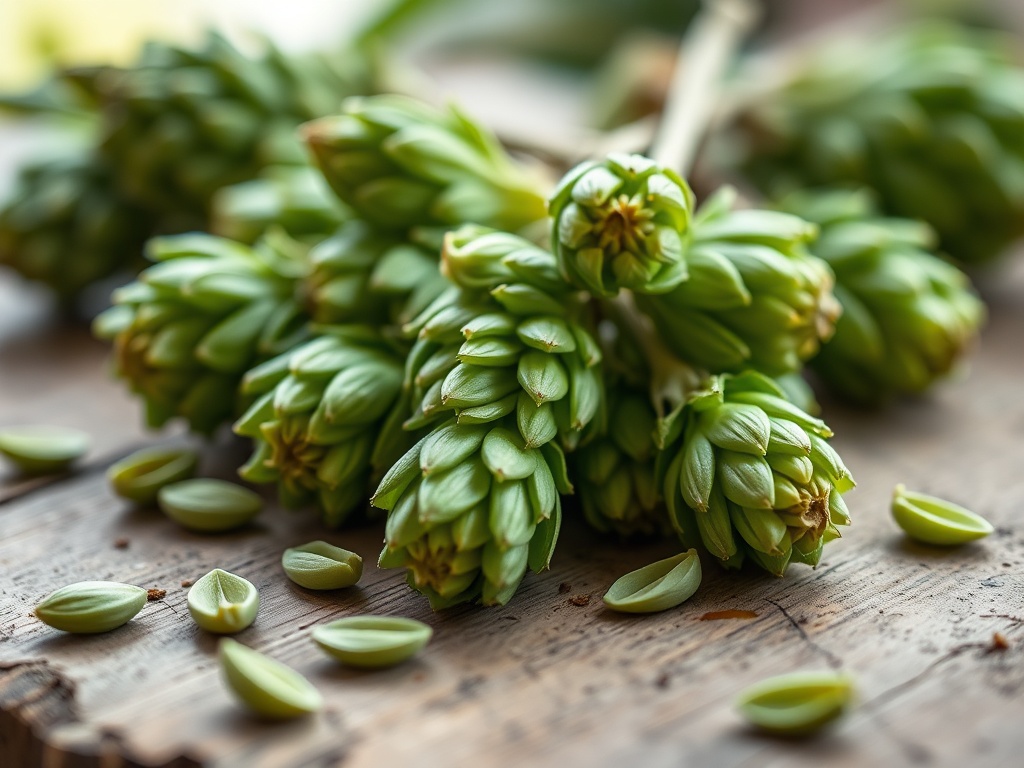 나무 테이블 위에 놓인 신선한 초록색 홉 꽃들이 맥주의 향과 쓴맛을 결정짓는 핵심 원료임을 보여주는 장면