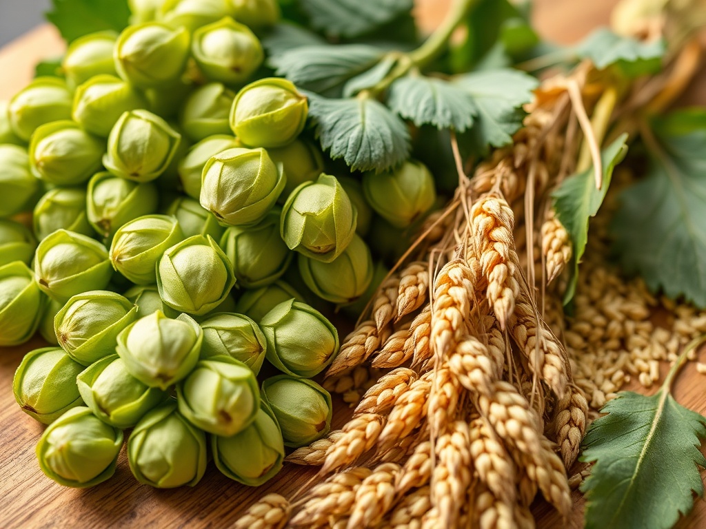 맥주의 주원료인 신선한 초록색 홉과 황금빛 보리가 나무 도마 위에 정갈하게 펼쳐져 있는 장면