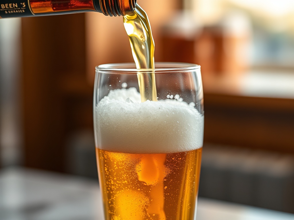 적절한 온도의 맥주가 전용 유리잔에 부드럽게 따라지며 풍성하고 조밀한 거품을 형성하는 모습