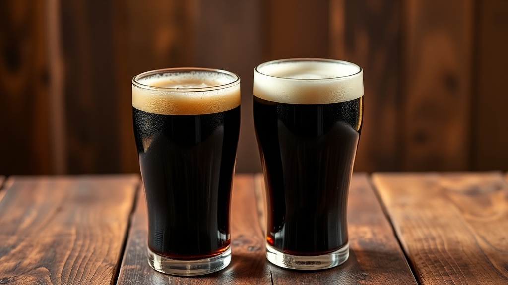 나무 테이블 위에 놓인 서로 다른 질감의 포터와 스타우트 흑맥주가 담긴 잔